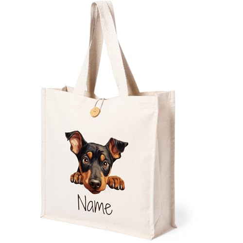 GRAZDesign Individuell bedruckte Baumwoll-Tragetasche mit Knopf, personalisierbar mit Namen und Hunderassen-Motiv - Doberman Pinscher