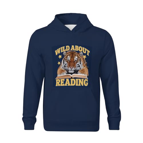 Kids Retro Wild About Reading Tiger Boys Girls Lightweight Kangaroo Pocket Fleece Hoodies2