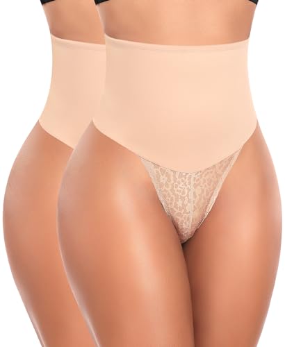 Image of Werena Tummy Control Thong Shapewear for Women High Waist Body Shaper Panties Girdle Lace Shaping Underwear
