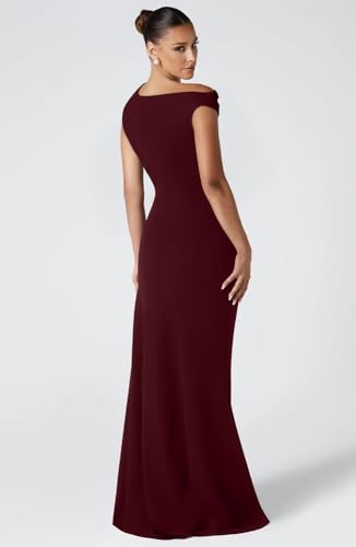 Image of Memoriesea Women's Elegant Off Shoulder Ruched High Split Wedding Party Maxi Dress Burgundy