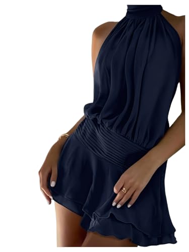 Image of Floerns Women's Summer Mini Dress Sleeveless Halter Backless Ruched Date Night Layered A Line Dresses