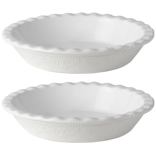 Fun Elements Pie Pan, 9 Inch Ceramic Pie Dish, Deep Dish Pie Pan with Lace Emboss, Ruffled Pie Plate for Baking, Thanksgiving Christmas Gifts, Set of 2, White Fun Elements Pie Pan, 9 Inch Ceramic Pie Dish, Deep Dish Pie Pan with Lace Emboss, Ruffled Pie Plate for Baking, Thanksgiving Christmas Gifts, Set of 2, White