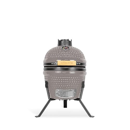 CREATE/BBQ KAMADO/Barbacoa ahumadora de cerámica gris 13 pulgadas/Puede asar, ahumar y cocinar, con regulador de temperatura y dos fuentes de ventilación.