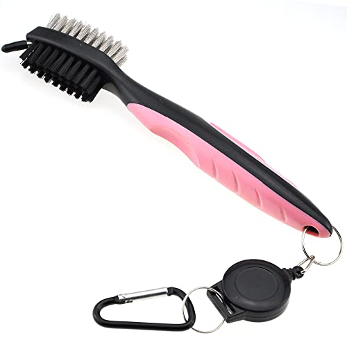 Mile High Life Microfiber Waffle Pattern Tri-Fold Golf Towel | Brush Tool Kit With Club Groove Cleaner, Retractable Extension Cord And Clip (Pink Towel+Pink Brush) #TOP4