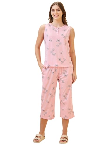 Image of AV2 Women's Cotton Printed Round Neck Short Sleeve Night Suit Set | Capri Set | Casual Night Dress for Women-2127