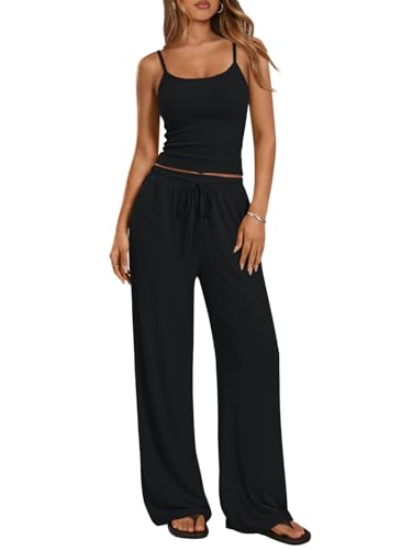 Trendy Queen Womens 2 Piece Lounge Sets Spring Outfits Matching Airport Camisole Tops Wide Leg Pants Summer Fashion Tracksuits 2026 Black M