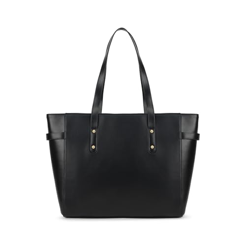 Image of Fastrack Black Powermode Laptop Tote For Women | Black Faux Leather Bag | Fits Upto 15 inch Laptop | Ladies Tote Bag with Zipper Closure & Utility Pockets