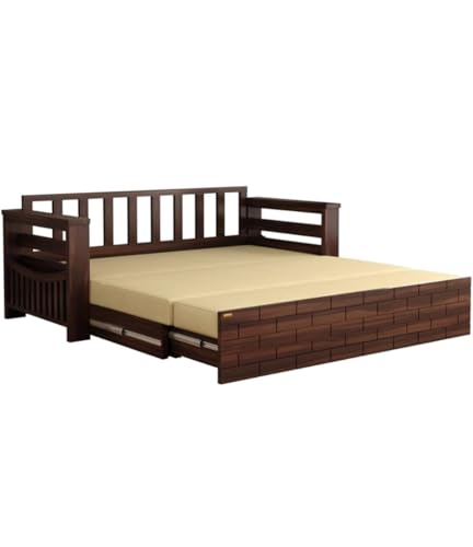 Image of Sheesham Wood Sofa Cum Bed with Mattress - 3 Seater Wooden Sofa Bed for Living Room | Solid Wood Convertible Diwan Couch with Side Storage (Design 3)