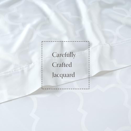 Image of Threadmill 300 Thread Count Cotton Twin Sheet Set, Sateen, Damask, White | 100% Cotton, Sateen Weave, Damask Pattern, 3-Piece Set, 16 inch Deep Pocket, Cooling, Breathable, OEKO-TEX Certified