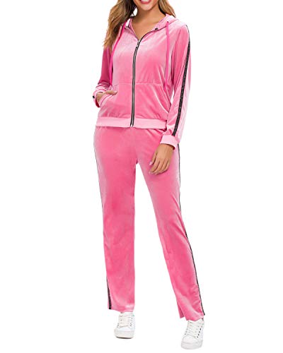 TOP-MAX Women's Velour Stripe Jogging Zipped Hoodie, Fashion Sport Suit, Hoodie and Pants Sports Suits Tracksuits