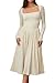 CHYRII Womens Spring Fashion 2025 Square Neck Long Sleeve Casual A-Line Midi Dress Beige S