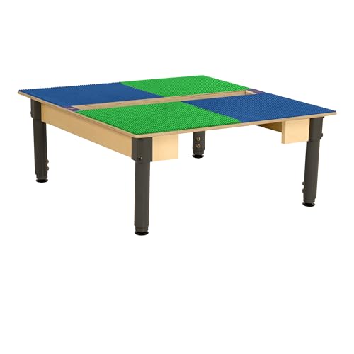 Wood Designs Time-2-Play 2-in-1 Montessori Kids Play Table, 35”W Blue & Green Square Activity Table with Trough for Toddlers Compatible with Lego Building Blocks [12”-17” Adjustable Legs]