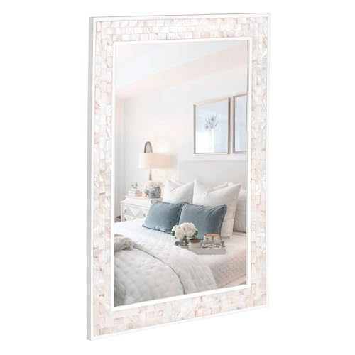 Tanmicoshomy 20x 28 Inch Rectangle Wall Mirror, Natural Shell Framed Rectangular Mirror for Bathroom, Vanity, Bedroom, Living Room, Entryway, Wall Mounted Horizontal or Vertical, White