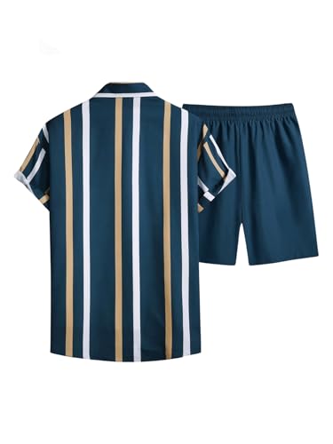 COZYEASE Men's 2 Piece Striped Outfit Short Sleeve Button Down Shirt Drawstring Waist Shorts Set2