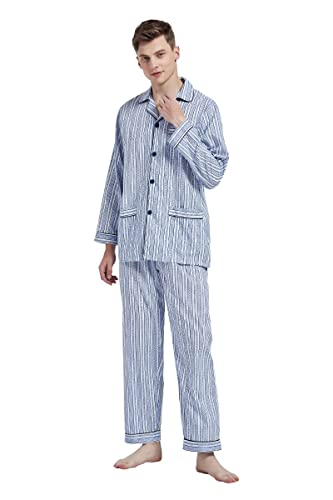 Men's 100% Cotton Pajama Set Long Sleeves Pjs Elastic High Waist Sleepwear2
