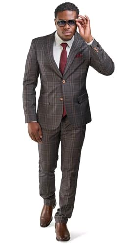 Slim Fit Suit 2 Button Peak Lapel Windowpane Plaid Vest Optional 350713