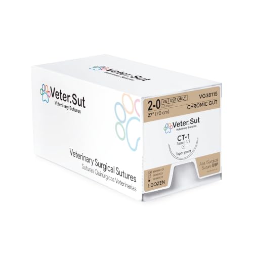 VeterSut CHROMIC Gut Surgical Suture 2-0, (CT-1) 1/2 36mm Taper Point, 12 Count, Veterinary Use, Brown
