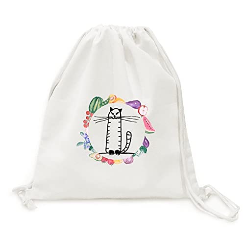 Sac en tissu pliable légumes et fruits au marché : cabas chat ligne noire écoresponsable