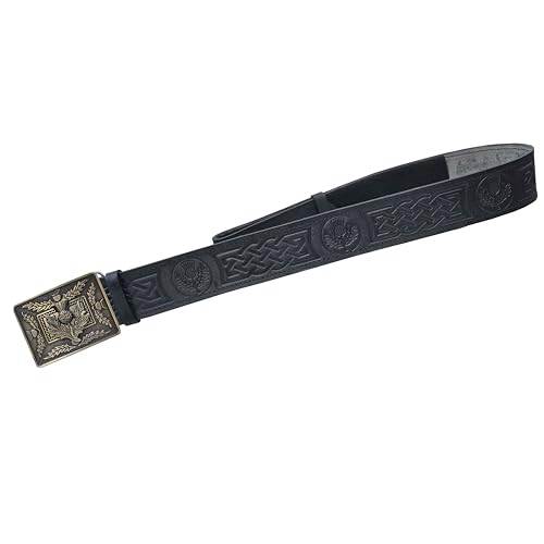 Kilt Belt and Buckle Set, Scottish Thistle Embossed Belt with Antique Celtic Trinity Buckles Pewter - Kilt Belts for Men3