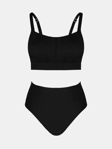 Image of CUPSHE Women's Tummy Control High Waisted Bikini Set Textured Bathing Suit | Removable Soft Cups, Ruched, Adjustable Wide Straps, Ribbed Texture, Twist Back Detail, Full Coverage, Sporty, Beach Vacation