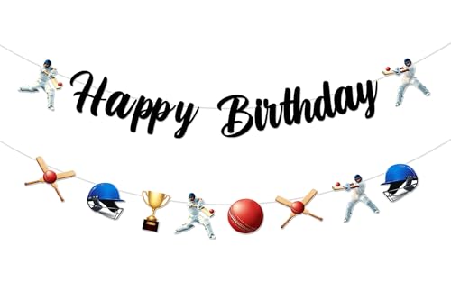 Jollyboom Décorations d'anniversaire de cricket, bannière « Happy Birthday » sur le thème du sport, guirlande de balles de cricket à faire soi-même pour fête d'anniversaire sur le thème du cricket
