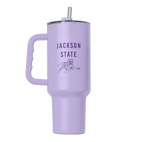 Image of Logo Brands NCAA Jackson State Tigers Lavender 40 oz Tumbler with Handle - Stylish Everyday Use Powder Coated-Stainless Steel with Straw- Keeps Cold For Hours