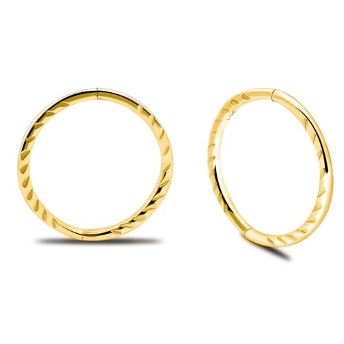 24K Gold Plated On 925 Sterling Silver Solid Seamless Diamond Cut Twist Sleeper Hoop Earrings Small Hinged Thin Handmade 8mm 10mm 12mm 14mm For Women Men Girls