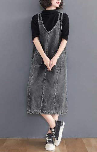 Image of ebossy Women's Sleeveless V Neck Denim Overall Jumper Dress Casual Loose Double Spaghetti Straps Midi Jean Dress