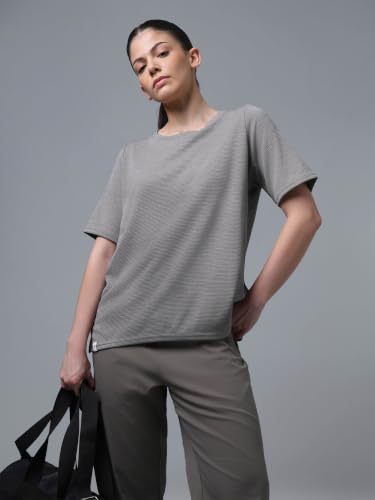 Image of TECHNOSPORT Women Relaxed Fit Cubic Melange Round Neck T-Shirt | Quick Dry Polyester Casual Tee with UPF 50+ UV Protection, Anti-Microbial & Double Cool Technology