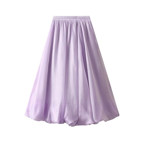 Womens Bubble Midi Skirt Elastic High Waist Pleated Skirts Puffy Hem A-Line Skirt Satin Casual Skirts for Prom Party
