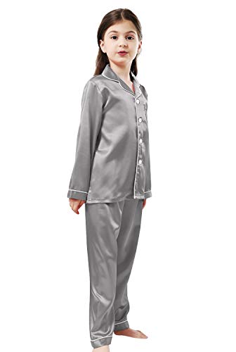 Pajamas Kid Unisex Pjs Set Girls Boys Silk Pajamas Set Satin Long Sleeve 2 Piece Clasic Sleepwear for 2-12 Years Todder2