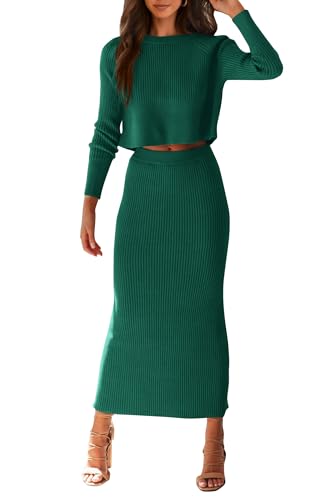 PRETTYGARDEN Women's Spring Fall 2 Piece Sweater Set Rib Knit Long Sleeve Crop Top Maxi Bodycon Skirt Casual Winter Outfits (Dark Green,Small)