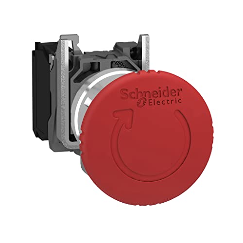 Schneider Electric XB4BS8442 Emergency Switching Off Push Button Switch for Industrial Machinery, Chromium Plated Metal Bezel, Fits 22mm Diameter Cutouts, Trigger Latching Turn to Release, 1NC