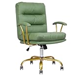 KLASIKA Leather Home Office Desk Chair, Mid-Back Vanity Chair Make Up Chair with Gold Wheels & Removable Armrests, Rolling Swivel Computer Task Chair for Office Bedroom Living Room Girls Women, Green