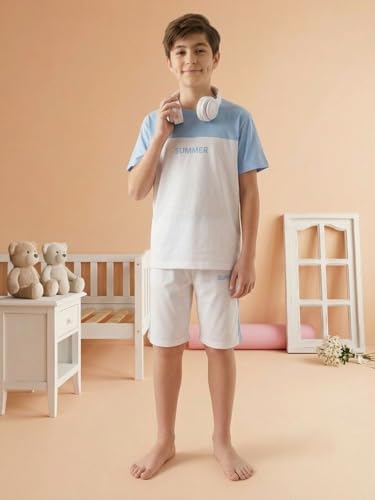 Image of Li'l Tomatoes Boys 100% Cotton Night Suit Set | Half Sleeve T-Shirt & Shorts | Color Block & Typography Print | Soft & Breathable Sleepwear | Casual Summer Wear | 9-16 Years