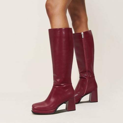 Platform Knee High Boots for Women Leather Square Toe Chunky Heel Stacked Gogo Boots3