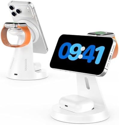 Wireless Charger 3 in 1 Charging Station for iPhone: Magnetic Docking Station for iPhone 17/16/15/14/13/12 - Multi Charging Dock for Apple Watch & Airpods 4 3 2 Pro (Adapter Included) (White)