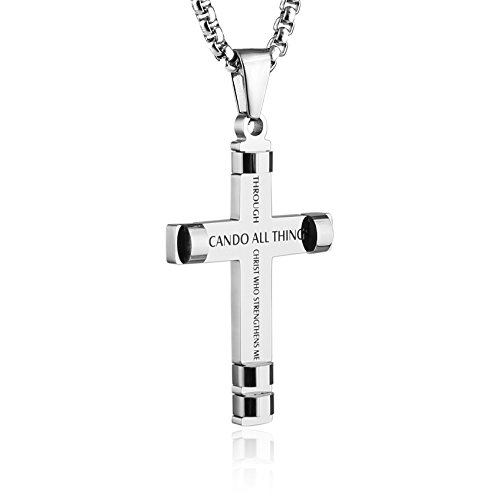 HZMAN Philippians 4:13 Cross Pendant Strength Bible Verse Stainless Steel Necklace 3 Colors Available (Silver)