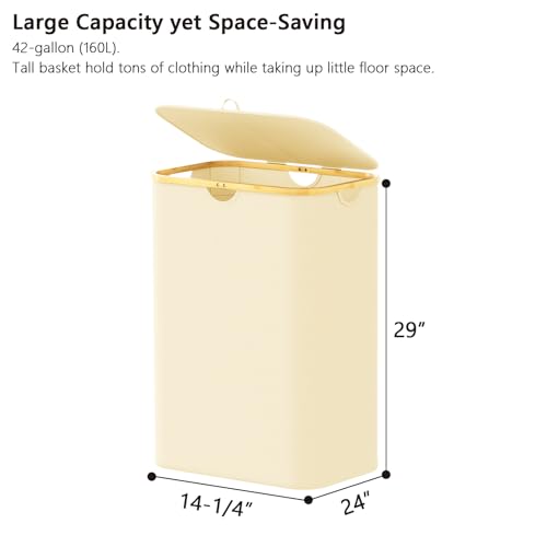 SpaceAid Double Laundry Hamper 2 Section with Lid and Removable Laundry Bags, 160L Clothes Basket with Bamboo Handles, Large Collapsible Hamper for Bedroom, Bathroom, Dorm, Laundry Room - Beige