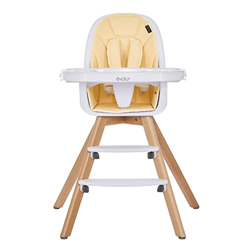 Image of évolur Zoodle 3-in-1 High Chair | Convertible Wooden Baby Feeding Chair with Dishwasher Safe Removable Tray, Adjustable Footrest, Padded Cushion, 5-Point Harness for Infants & Toddlers