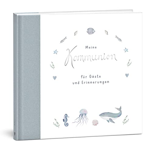 mintkind® Księga gości "Meine Kommunion", dla chłopców i dziewczynek, prezent na komunię, księga gości na komunię, album pamiątkowy z pierwszej komunii, 96 stron wewnętrznych na życzenia, zdjęcia i wiele innych (wieloryb)