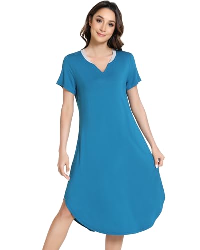 Image of NACHILA Nightgowns for Women-Viscose Made from Bamboo,Short Sleeve Nightshirts V Neck Sleep Shirt Loose Sleep Dress
