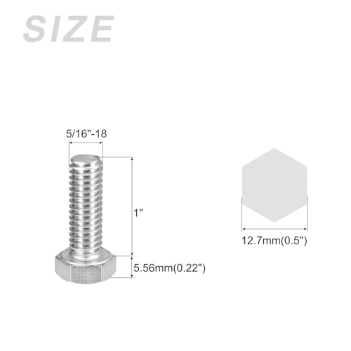 Image of METALLIXITY Hex Head Bolts (5 /16-18 x 1 inch) 10Pcs, 304 Stainless Steel 18-8, Fully Threaded, External Hex Drive, Plain Finish, Hex Head Screw Bolt, Silver