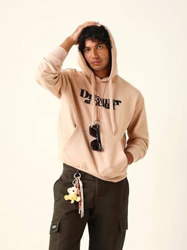 Image of THE BEAR HOUSE Men's Beige Printed Hoodie | Relaxed Fit Casual Hooded Sweatshirt with Kangaroo Pocket