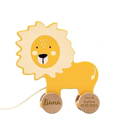Personnalisable Animal à Tirer en Bois pour baptême Lion-avec Corde de Traction et Roues en Bois-pour Tout-Petits à partir de 18 Mois-personnalisé avec Le...