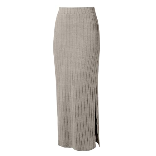 Generisch Falda larga de punto estrecho para mujer, cintura elástica, abertura lateral, falda envolvente en la cadera, vestido bodycon, beige, L
