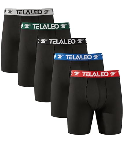 TELALEO Mens 9 Inch Long Leg Boxer Briefs 5 Pack Moisture Wicking Quick Dry Athletic Underwear 5B L