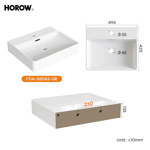 Lavabo de cerámica para baño HOROW de 50x42x14 cm rectangular blanco 3