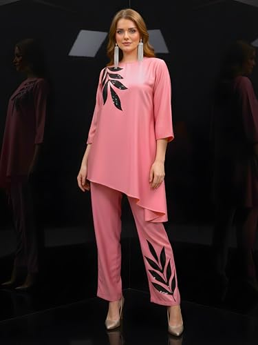 Image of Women's Magenta Chanderi Sequin Embroidered Co-ord Set | Round Neck 3 /4 Sleeve Asymmetric Top with Trousers | Festive Co-ord for Party, Wedding