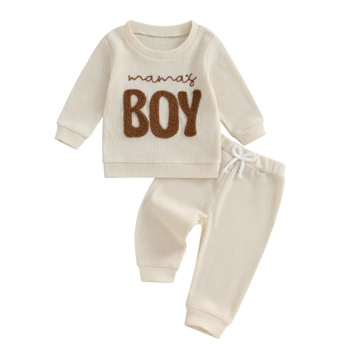 Image of Sejardin Infant Fall Winter Outfit Waffle Baby Boy Clothes Letter Long Sleeve Sweatshirt and Stretch Pants 6 12 18 24M Set